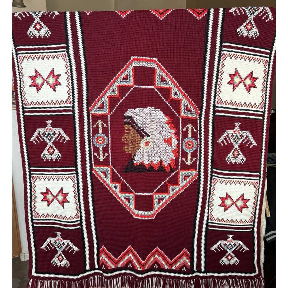 Vintage Crochet Afghan Blanket Indian Chief Medallion Southwest Native American